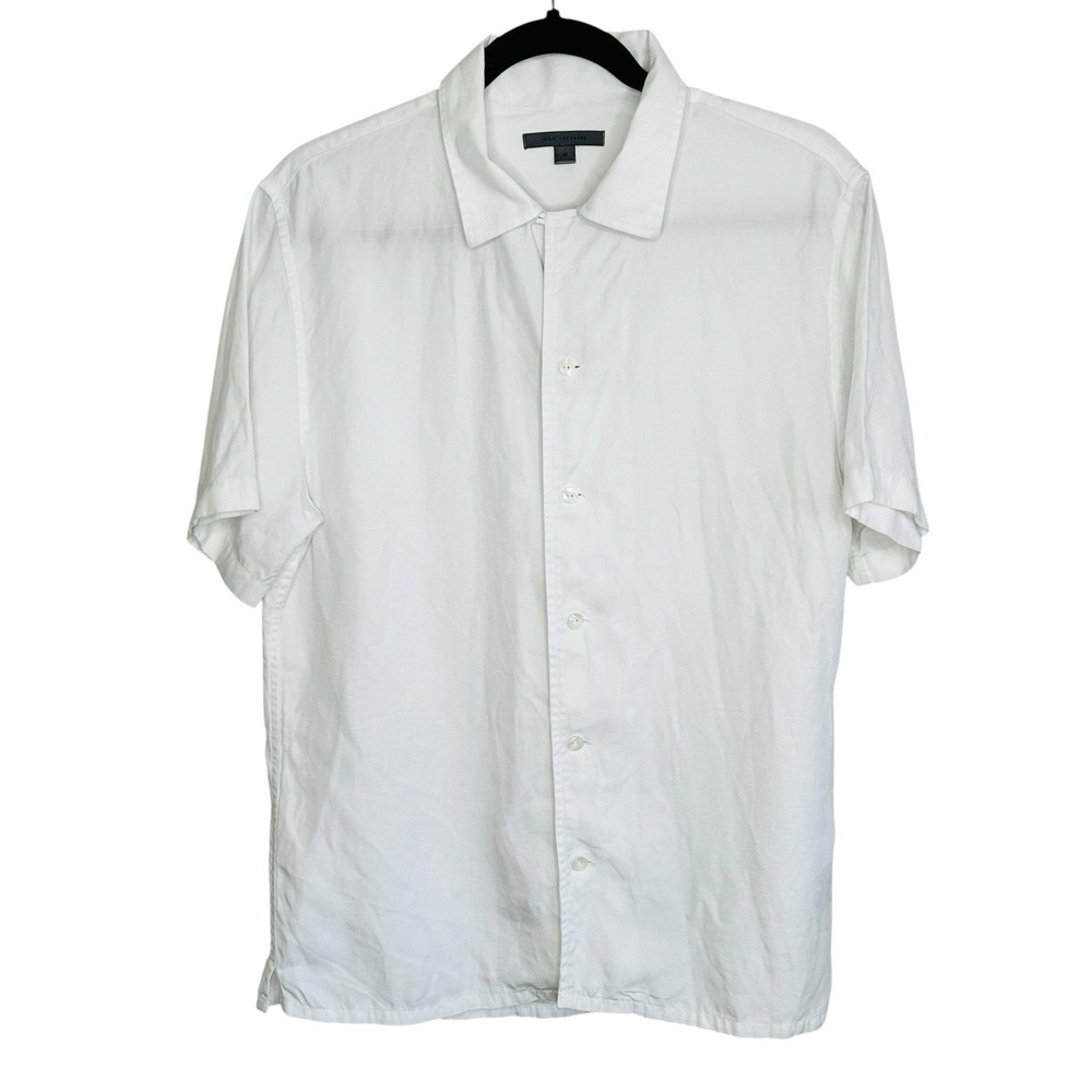 John Varvatos Linen Blend White Button Shirt Medium Beach Resort Short Sleeve